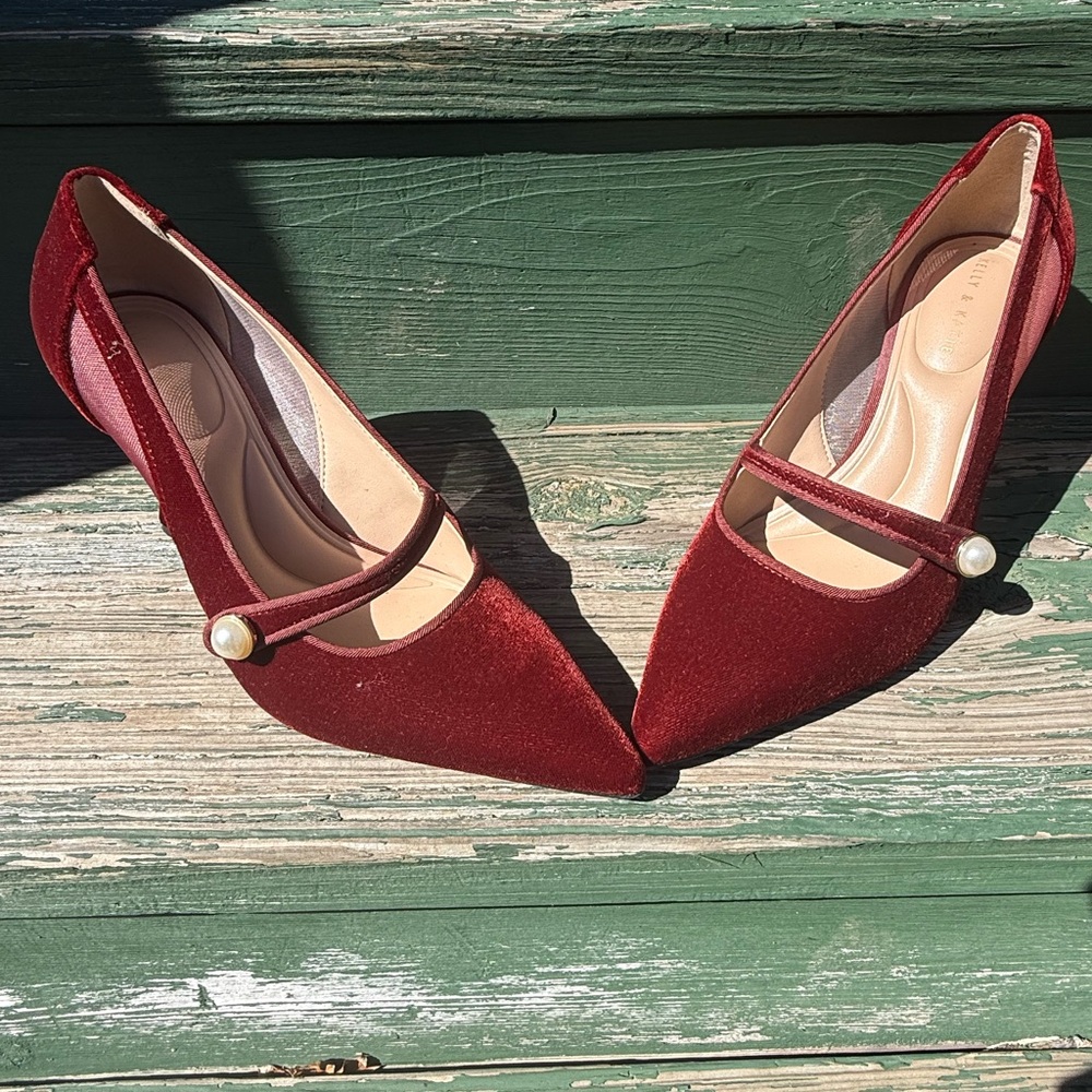 Kelly & Katie Burgundy Velvet Pointed Mary Jane Pumps with Pearl Accent